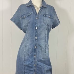 Chico's Women Button Front Denim blue Short Sleeve Dress Flap Pockets size 2.5